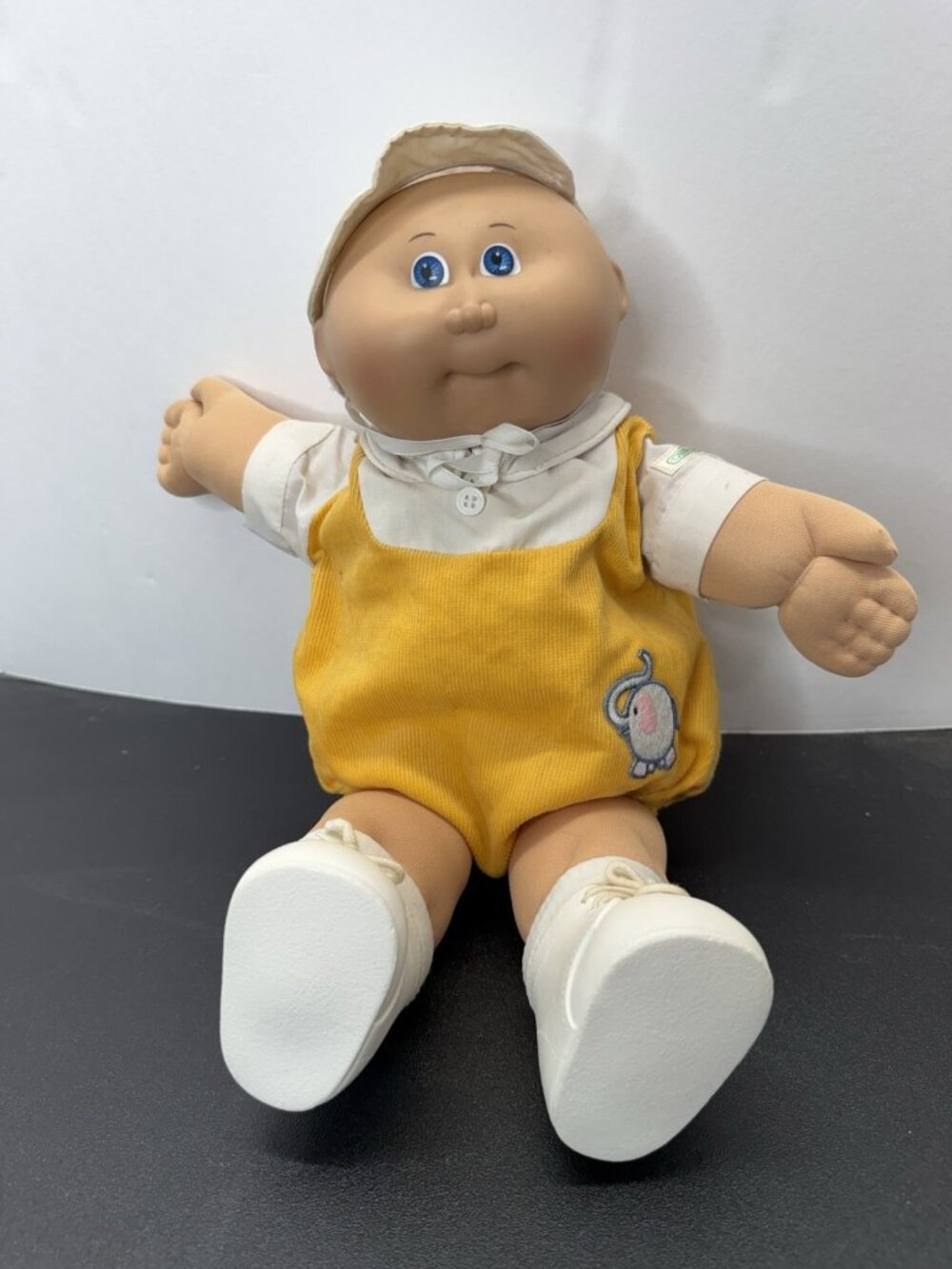 Vintage 1982 Bald 16" Cabbage Patch Kid Blue Eyes Yellow Elephant Romper Shoes